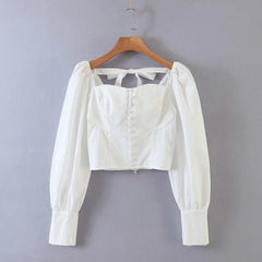 Square Collar Lantern Sleeve Backless Tie-Back Shirts Blouses Crop Tops