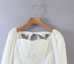 Square Collar Lantern Sleeve Backless Tie-Back Shirts Blouses Crop Tops