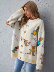 V-neck Single-breasted Bear Cartoon Knit Sweater Cardigan