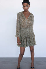 V-neck Leopard Single-breasted Lace-up Mini Dresses