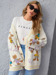 V-neck Single-breasted Bear Cartoon Knit Sweater Cardigan