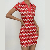 Short sleeve contrast turnover collar button mini dress