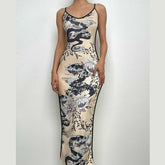 Dragon pattern v neck contrast backless cami maxi dress