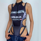 Sleeveless hollow out contrast print halter backless bodysuit