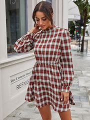 Vintage High-collared Plaid Lantern Sleeve Mini Dresses