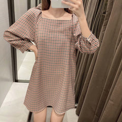 Square Collar Lattice Plaid Mini Dress