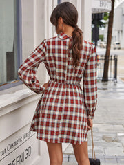 Vintage High-collared Plaid Lantern Sleeve Mini Dresses