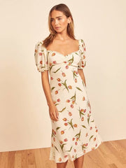 Square Collar Puff Sleeve Ruffled Backless Floral Midi Dresses