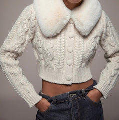 Thick Fur Pile Fleece Collar Knit Splicing Single-breasted Outerwear