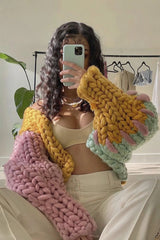 V-neck Stripe Lantern Sleeve Knit Sweater Outerwear