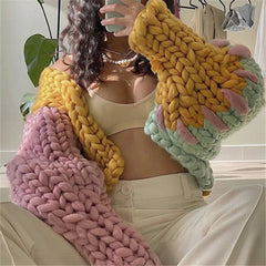 V-neck Stripe Lantern Sleeve Knit Sweater Outerwear