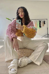 V-neck Stripe Lantern Sleeve Knit Sweater Outerwear