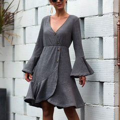 V-neck Ruffled Horn Sleeve Buttoned Knit Mini Dresses