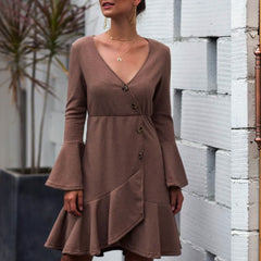 V-neck Ruffled Horn Sleeve Buttoned Knit Mini Dresses