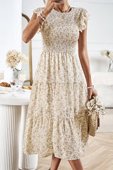 Floral Print Smocked Round Neck Casual Dress