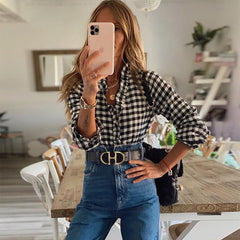 V-neck Ruffled Collar Plaid Blouse Shirts