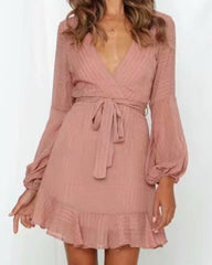 V-neck Lace-up Ruffled Lantern Sleeve Mini Dresses