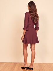 Vintage V-neck 3/4 Sleeve Ruffle Hem Tie-Waist Mini Dresses