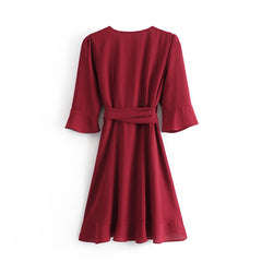 Vintage V-neck 3/4 Sleeve Ruffle Hem Tie-Waist Mini Dresses