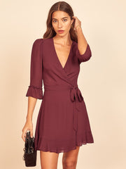 Vintage V-neck 3/4 Sleeve Ruffle Hem Tie-Waist Mini Dresses