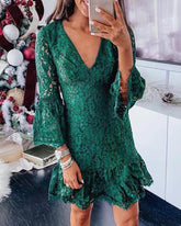 V-neck Ruffled Flared Sleeve Lace Mini Dresses