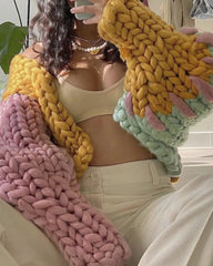 V-neck Stripe Lantern Sleeve Knit Sweater Outerwear