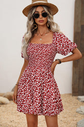 Floral Print Puff Sleeves Ruffled Mini Dress