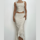 Sleeveless u neck backless lace up solid ruched midi skirt set