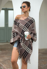 Tassel Fringed Pullover V-neck Diagonal Stripes Sweater Cloak Shawl Cape
