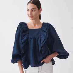 Square Collar Ruffled Lantern Sleeve Shirts Blouses