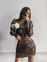 V-neck Sequins Shirred Frill Party Bodycon Mini Dresses