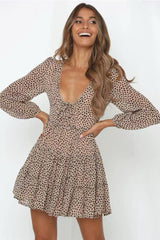 V-neck Lace-up Shirred Frill Polka Dot Floral Mini Dresses