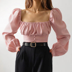 Square Collar Puff Sleeve Shirred Frill Shirts Crop Tops