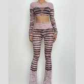 Sheer mesh striped see through long sleeve contrast pant set