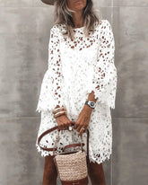 V-neck Lace Flared Sleeve Ruffled Mini Dresses