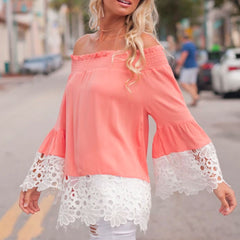 Women Sexy One Shoulder Lace Stitching Long Sleeve Loose Cuffs Shirt Blouses