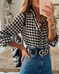 V-neck Ruffled Collar Plaid Blouse Shirts
