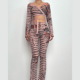 Sheer mesh striped contrast long sleeve self tie pant set