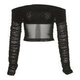 Sheer mesh see through long sleeve off shoulder ruched crop top
