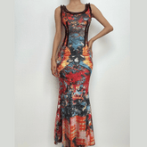 Abstract u neck ruffle self tie backless contrast maxi dress
