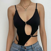 Solid hollow out low cut o ring irregular backless bodysuit