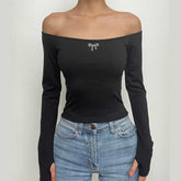 Off shoulder long sleeve gloves solid hollow out cut out top