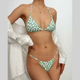 Contrast plaid halter self tie bikini swimwear