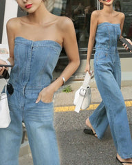 Tube Top Wide-leg Denim Jumpsuit Bell-bottomed Pants