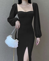 Square Collar Bubble Sleeve Slit Leg Party Bodycon Midi Dresses Black