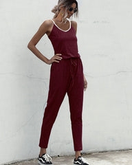 Suspenders Jumpsuit Drawstring Lace-up Rompers With Pocket