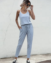 Suspenders Jumpsuit Drawstring Lace-up Rompers With Pocket