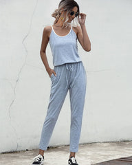 Suspenders Jumpsuit Drawstring Lace-up Rompers With Pocket