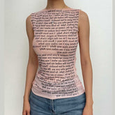 Sleeveless crewneck sheer mesh contrast print see through top