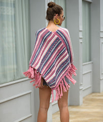 Tassel Fringed Pullover Diagonal Stripes Sweater Cloak Shawl Cape
